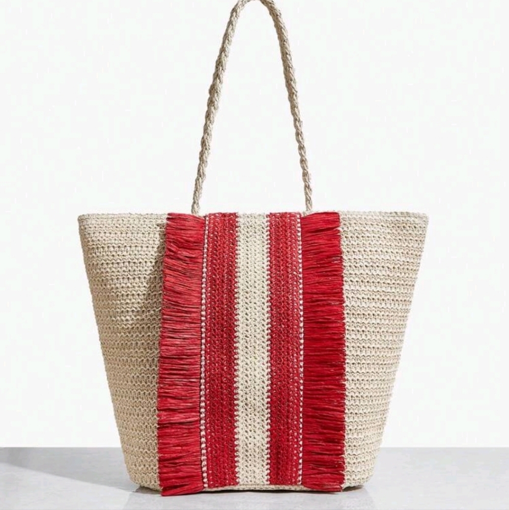 Woven Straw Tote Bag with Red Fringe Accent,& Inside Pocket